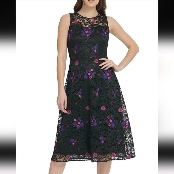 DKNY Black Floral Lace Midi Dress Size 16 - Picture 1 of 12
